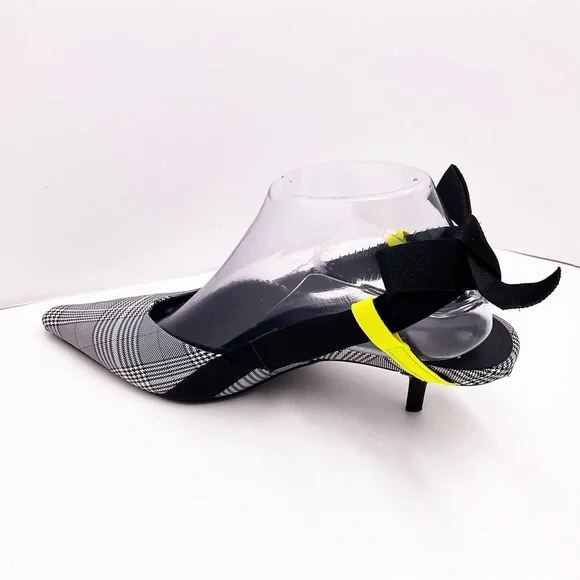 {Zara} Gray Plaid Slingback Bow Kitten Heels - Picture 5 of 16